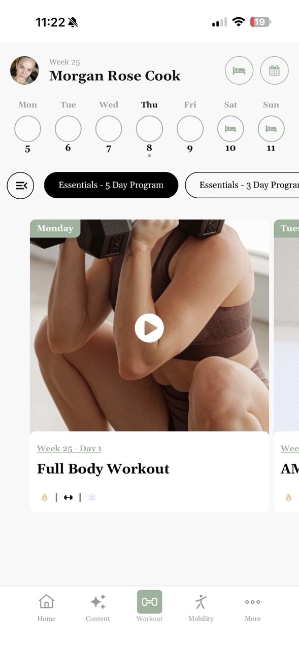 The Culture of Motion app showing Morgan's Essentials 5-day program